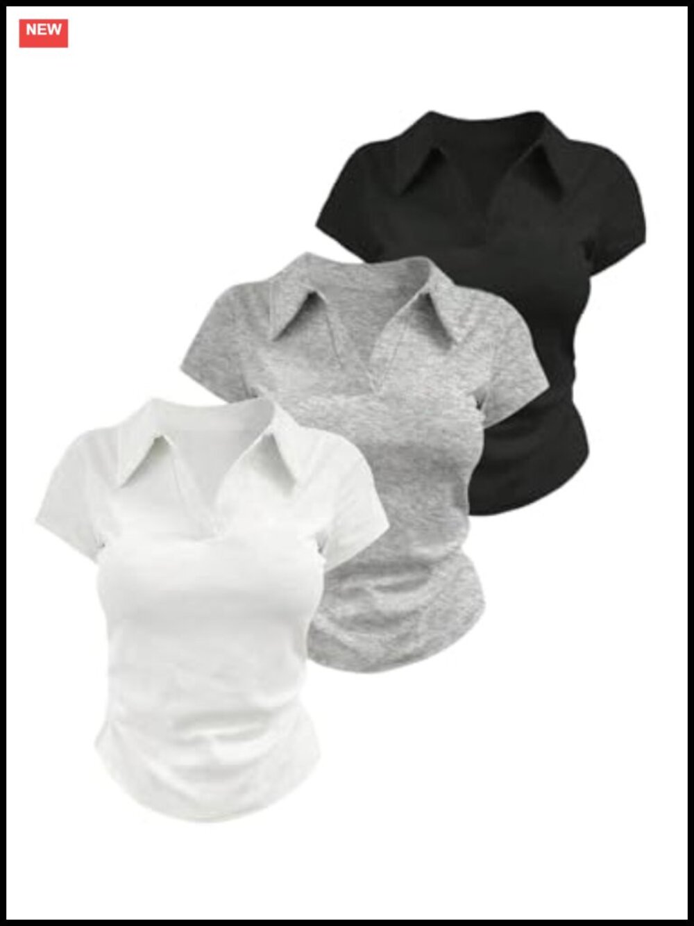 SOLY HUX Women's Collared V Neck Crop Tee 3 Pack Slim Fit Short Sleeve